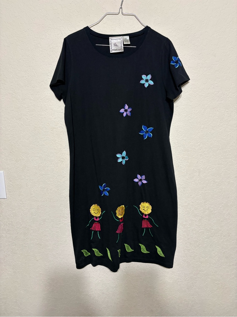 Michael Simon Black Midi Dress with birds, flowers sunshine Embroidery